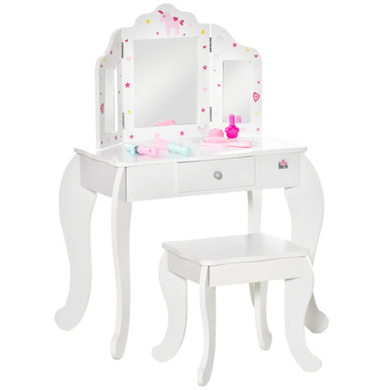 Kids 2 Piece Vanity Table and Stool Set with Rotatable Mirrors - White