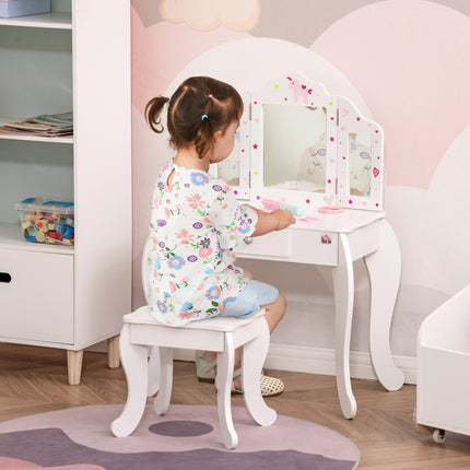 Kids 2 Piece Vanity Table and Stool Set with Rotatable Mirrors - White