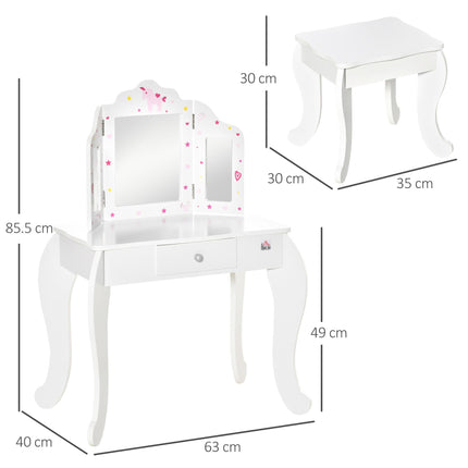 Kids 2 Piece Vanity Table and Stool Set with Rotatable Mirrors - White