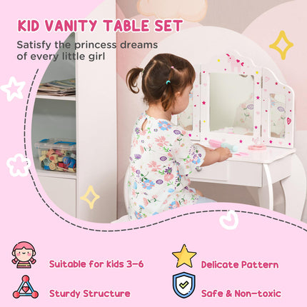 Kids 2 Piece Vanity Table and Stool Set with Rotatable Mirrors - White