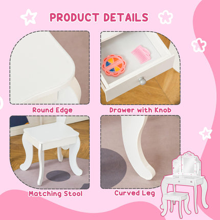 Kids 2 Piece Vanity Table and Stool Set with Rotatable Mirrors - White