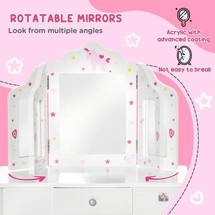 Kids 2 Piece Vanity Table and Stool Set with Rotatable Mirrors - White