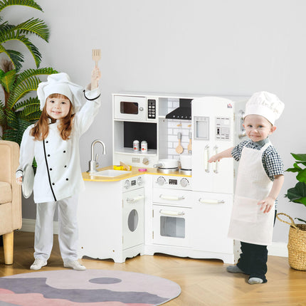Large Kids Wooden Pretend Role Play Kitchen with Refrigerator, Microwave, Oven, Sink & Telephone - White