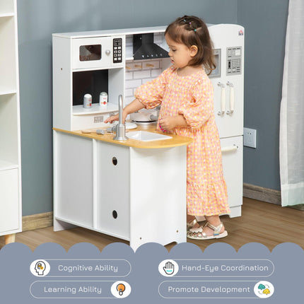 Large Kids Wooden Pretend Role Play Kitchen with Refrigerator, Microwave, Oven, Sink & Telephone - White