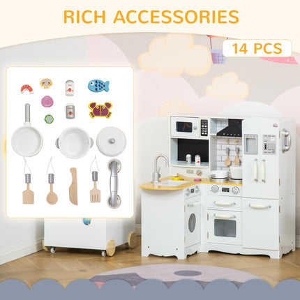 Large Kids Wooden Pretend Role Play Kitchen with Refrigerator, Microwave, Oven, Sink & Telephone - White
