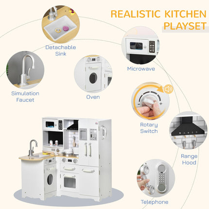 Large Kids Wooden Pretend Role Play Kitchen with Refrigerator, Microwave, Oven, Sink & Telephone - White