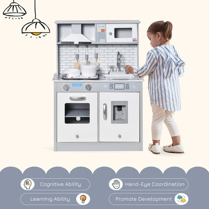 Kids Kitchen Play Cooking Toy Set with Sound & Light, Battery Operated Cooktop & Ice Machine - Grey White