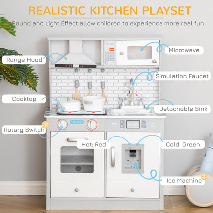 Kids Kitchen Play Cooking Toy Set with Sound & Light, Battery Operated Cooktop & Ice Machine - Grey White