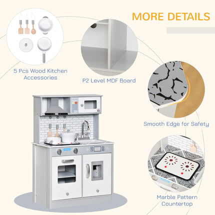Kids Kitchen Play Cooking Toy Set with Sound & Light, Battery Operated Cooktop & Ice Machine - Grey White