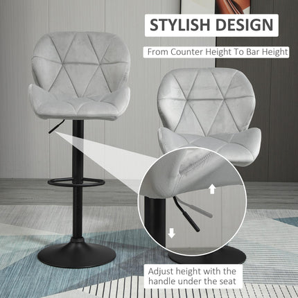 Set of 2 Adjustable Height Fabric Bar Stools with Swivel Seat and Armless Upholstery - Light Grey