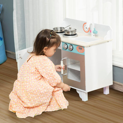 Kids Wooden Toy Kitchen Playset with Sink Faucet and Stainless Steel Pot for Ages 3-6 - White