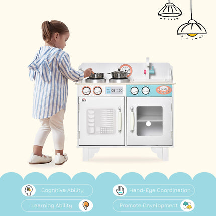 Kids Wooden Toy Kitchen Playset with Sink Faucet and Stainless Steel Pot for Ages 3-6 - White
