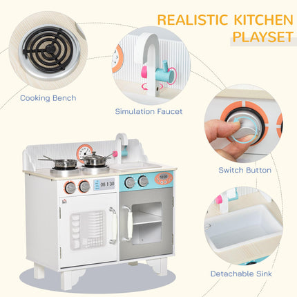Kids Wooden Toy Kitchen Playset with Sink Faucet and Stainless Steel Pot for Ages 3-6 - White