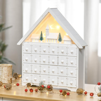 Christmas Wooden House Advent Calendar with LED Lights and Countdown Drawers - White
