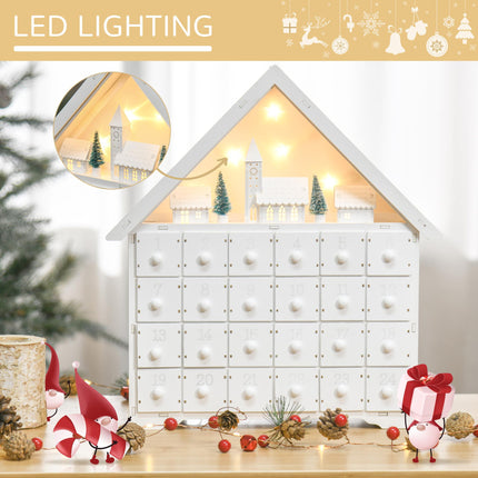 Christmas Wooden House Advent Calendar with LED Lights and Countdown Drawers - White