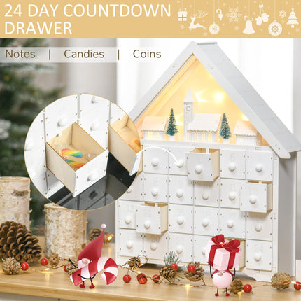 Christmas Wooden House Advent Calendar with LED Lights and Countdown Drawers - White