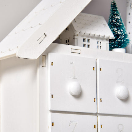 Christmas Wooden House Advent Calendar with LED Lights and Countdown Drawers - White