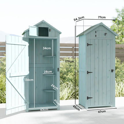 Wooden Garden Storage Cabinet with 3 Shelves, Lockable Door - Blue