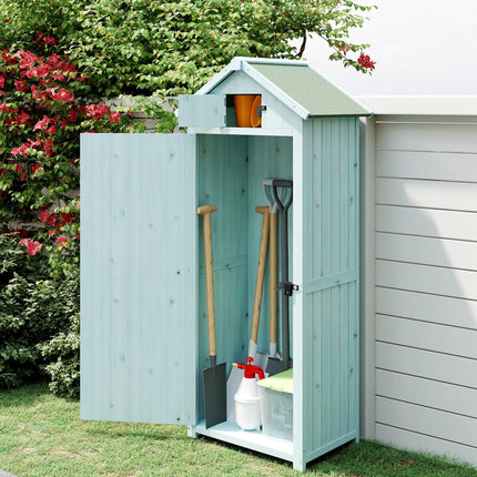 Wooden Garden Storage Cabinet with 3 Shelves, Lockable Door - Blue