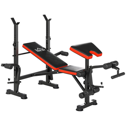 Adjustable Weight Bench with Leg Developer & Barbell Rack for Strength Training - Black, Red