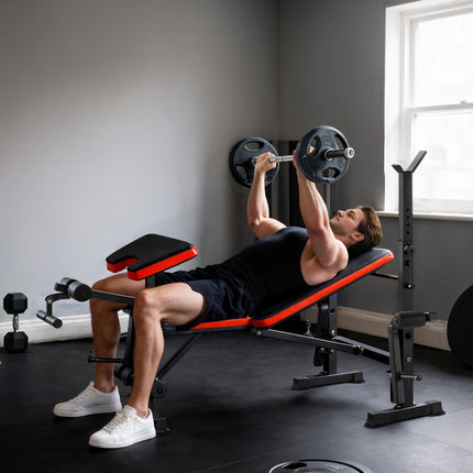 Adjustable Weight Bench with Leg Developer & Barbell Rack for Strength Training - Black, Red