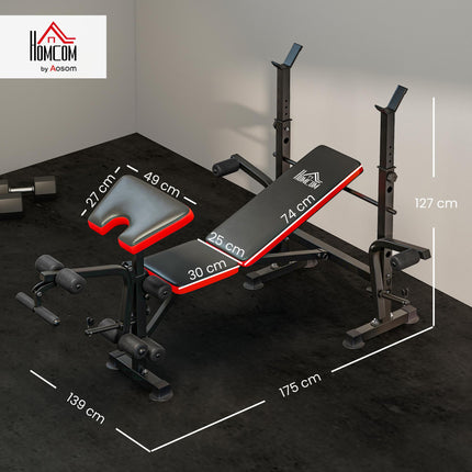 Adjustable Weight Bench with Leg Developer & Barbell Rack for Strength Training - Black, Red