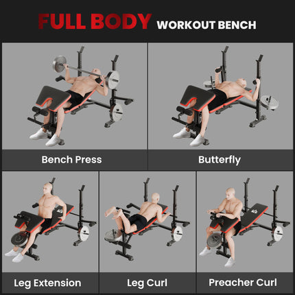 Adjustable Weight Bench with Leg Developer & Barbell Rack for Strength Training - Black, Red