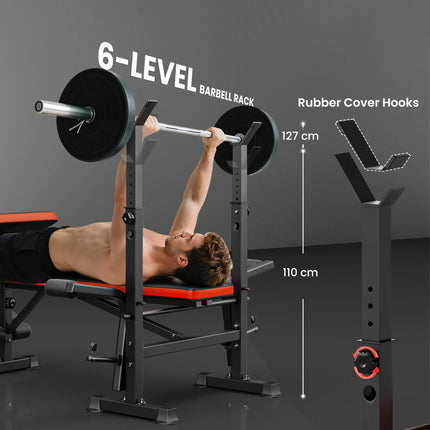 Adjustable Weight Bench with Leg Developer & Barbell Rack for Strength Training - Black, Red