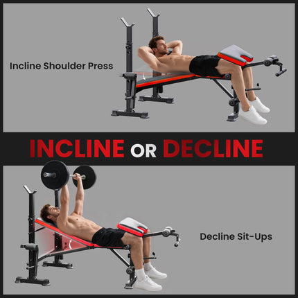 Adjustable Weight Bench with Leg Developer & Barbell Rack for Strength Training - Black, Red