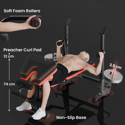 Adjustable Weight Bench with Leg Developer & Barbell Rack for Strength Training - Black, Red