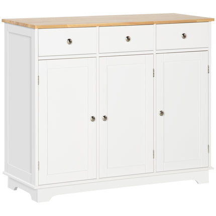 Modern Sideboard with Rubberwood Top, Storage Cabinets, Drawers & Adjustable Shelves - White