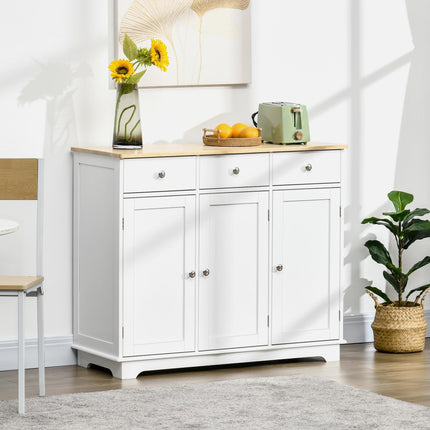Modern Sideboard with Rubberwood Top, Storage Cabinets, Drawers & Adjustable Shelves - White