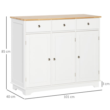 Modern Sideboard with Rubberwood Top, Storage Cabinets, Drawers & Adjustable Shelves - White