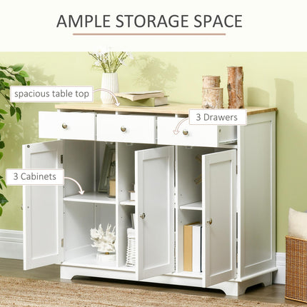 Modern Sideboard with Rubberwood Top, Storage Cabinets, Drawers & Adjustable Shelves - White