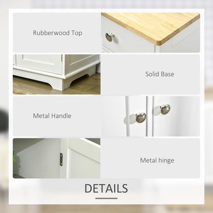 Modern Sideboard with Rubberwood Top, Storage Cabinets, Drawers & Adjustable Shelves - White