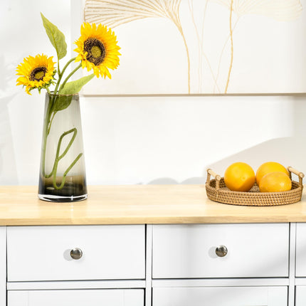Modern Sideboard with Rubberwood Top, Storage Cabinets, Drawers & Adjustable Shelves - White