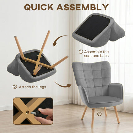 Modern Velvet-Touch Wingback Accent Chair with Support - Grey