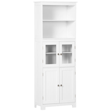 Freestanding 4-Door Kitchen Storage Cupboard with Adjustable Shelves and Glass Doors - White