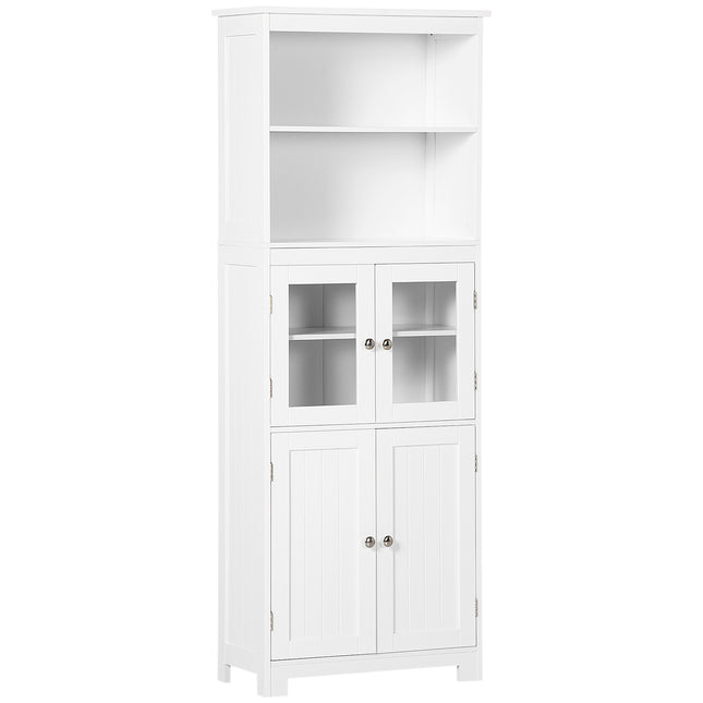 Freestanding 4-Door Kitchen Storage Cupboard with Adjustable Shelves and Glass Doors - White