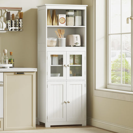 Freestanding 4-Door Kitchen Storage Cupboard with Adjustable Shelves and Glass Doors - White