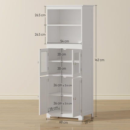 Freestanding 4-Door Kitchen Storage Cupboard with Adjustable Shelves and Glass Doors - White