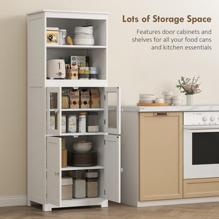 Freestanding 4-Door Kitchen Storage Cupboard with Adjustable Shelves and Glass Doors - White