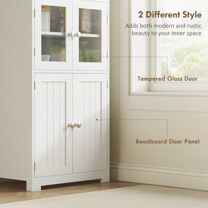 Freestanding 4-Door Kitchen Storage Cupboard with Adjustable Shelves and Glass Doors - White