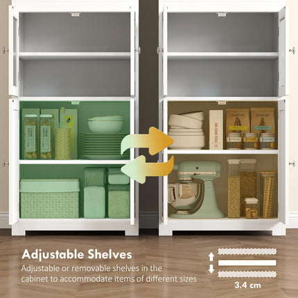 Freestanding 4-Door Kitchen Storage Cupboard with Adjustable Shelves and Glass Doors - White