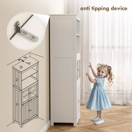 Freestanding 4-Door Kitchen Storage Cupboard with Adjustable Shelves and Glass Doors - White