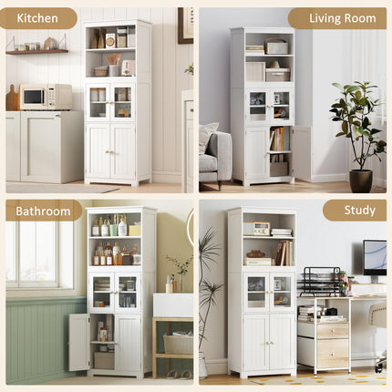 Freestanding 4-Door Kitchen Storage Cupboard with Adjustable Shelves and Glass Doors - White