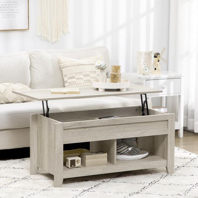 Lift Top Coffee Table with Hidden Storage and Open Shelves - Oak Effect