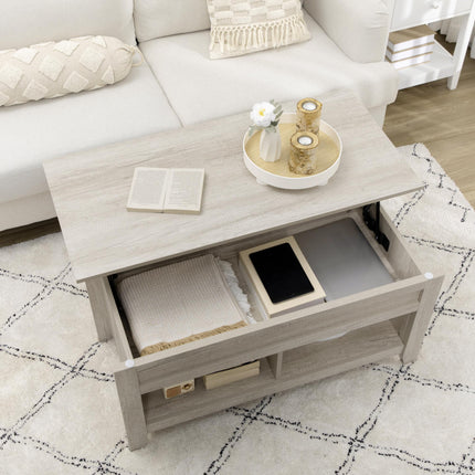 Lift Top Coffee Table with Hidden Storage and Open Shelves - Oak Effect