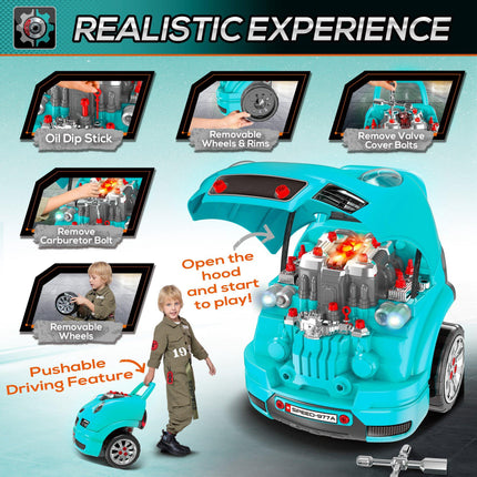 Kids Truck Engine Take Apart Workshop Toy Set for Ages 3-5 with Steering Wheel - Teal Green