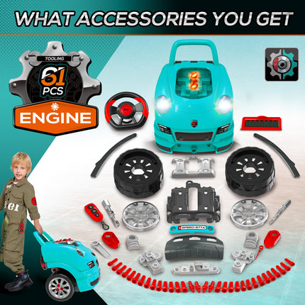 Kids Truck Engine Take Apart Workshop Toy Set for Ages 3-5 with Steering Wheel - Teal Green